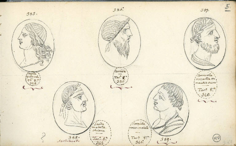 Teste d'uomini di profilo (disegno) di Vimercati Sozzi Paolo (sec. XIX)