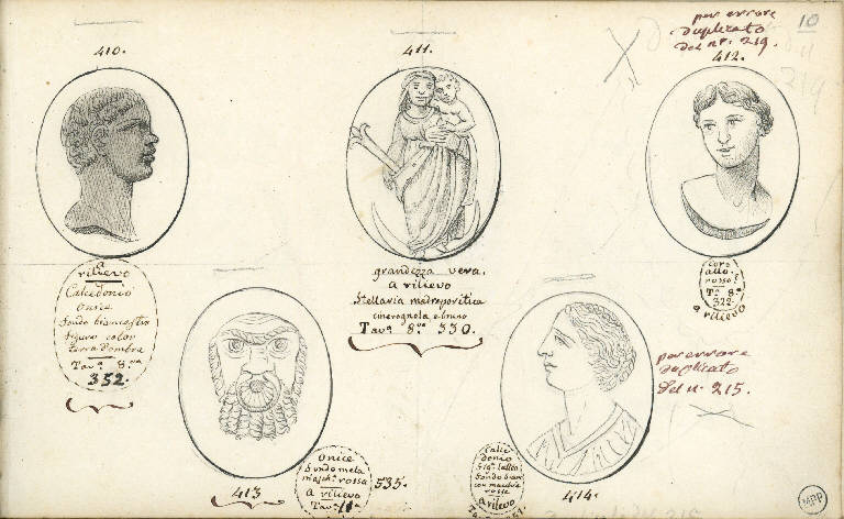 Teste d'uomini/ Madonna con Bambino/ Ornamentale/ Busto femminile (disegno) di Vimercati Sozzi Paolo (sec. XIX)