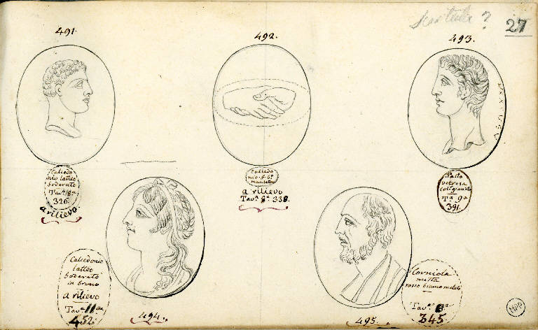 Teste d'uomini di profilo/ Testa di donna/ Simbolo (disegno) di Vimercati Sozzi Paolo (sec. XIX)