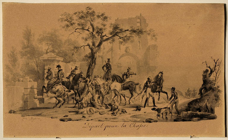 Départ pour la chasse, Scena di caccia (disegno) di Migliara Giovanni (secondo quarto sec. XIX)