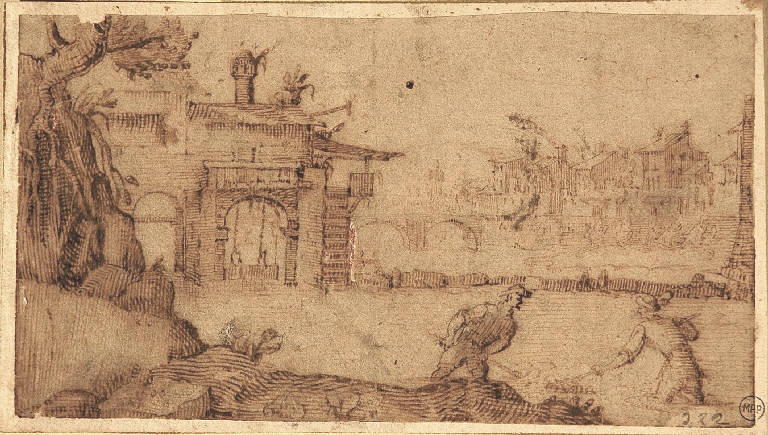 Paesaggio fluviale con figure (disegno) di Parigi Giulio (attr.) (prima metà sec. XVII)