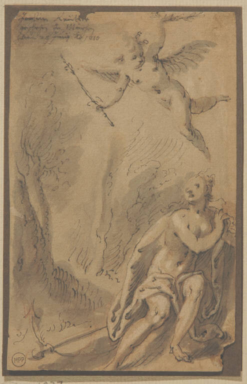 Figura maschile con amorino (disegno) - ambito tedesco (fine/inizio secc. XVI/ XVII)