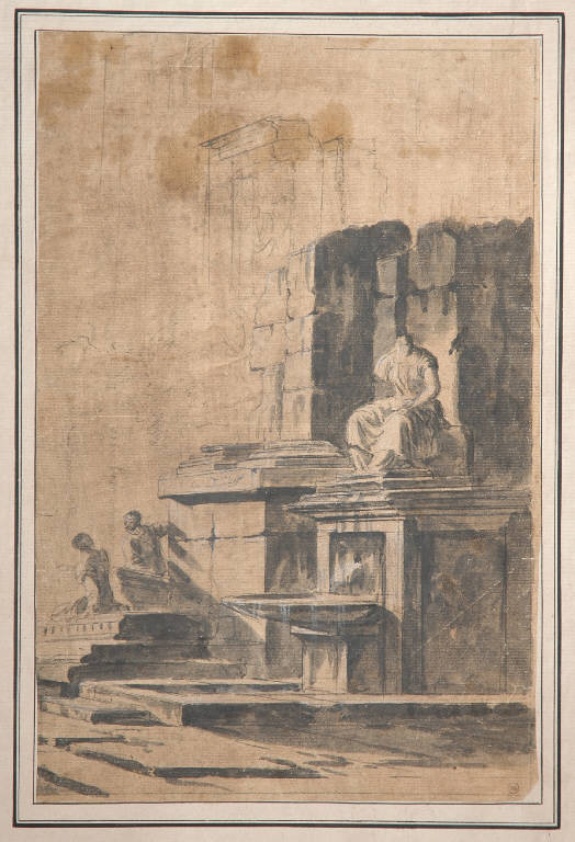 Capriccio con rovine (disegno) di Ghisolfi Giovanni (terzo quarto sec. XVII)