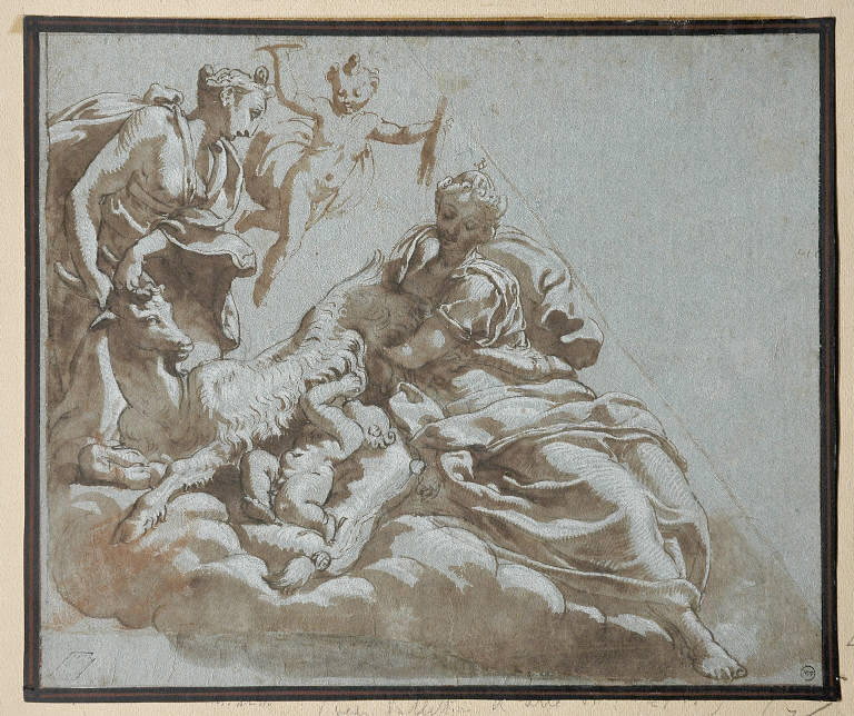 GIOVE ALLATTATO DALLA CAPRA AMALTEA (disegno) di Primaticcio Francesco (cerchia) (metà sec. XVI)