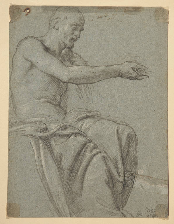FIGURA MASCHILE SEDUTA/ Studio di panneggio e studio per figura femminile (disegno) - ambito bolognese (prima metà sec. XVII)