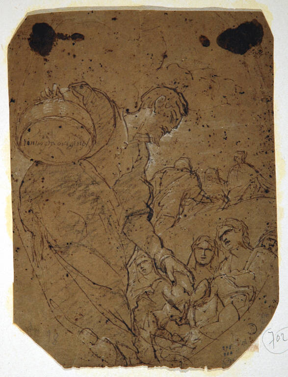 Eliseo distribuisce il pane/ Studi di teste (disegno) di Consetti Antonio (attr.) (prima metà sec. XVIII)