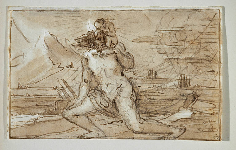 SAN CRISTOFORO GUADA IL FIUME CON GESU' BAMBINO SULLE SPALLE (disegno) di Duranti Fortunato (secondo quarto sec. XIX)