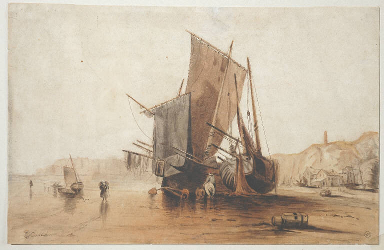 Village de pecheurs, Marina con pescatori e barche (disegno) di Cauvin Louis Edouard Isidore (metà sec. XIX)