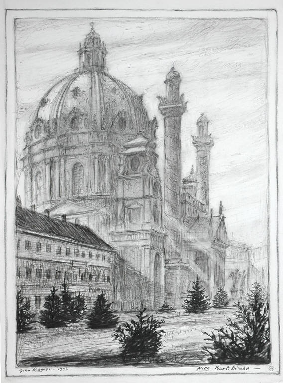 Veduta della Chiesa di S. Carlo a Vienna (disegno) di Romei Gino (sec. XX)