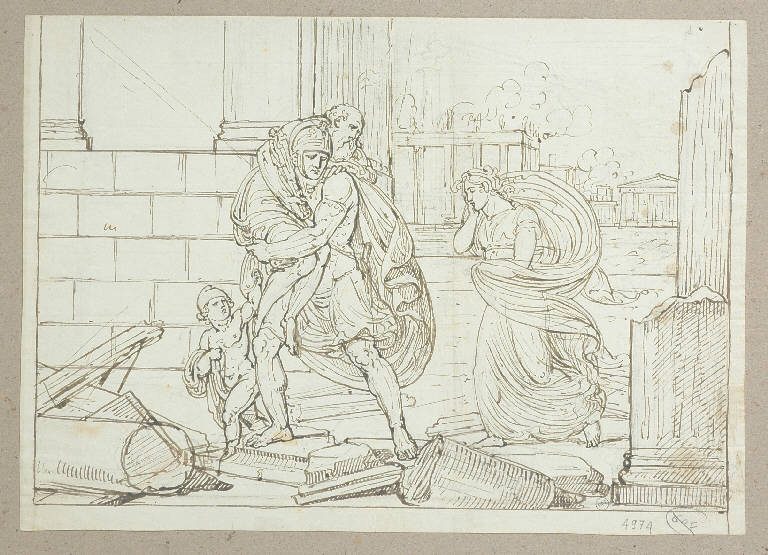 Enea e Anchise in fuga da Troia in fiamme (disegno) di Bisi Michele (sec. XIX)