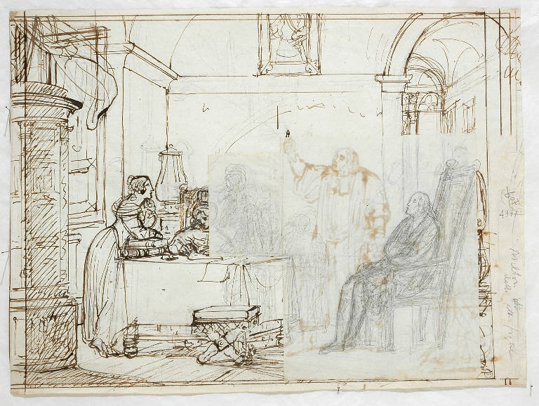 Milton detta il Paradiso perduto alla moglie e alle figlie (disegno) di Bisi Michele (sec. XIX)