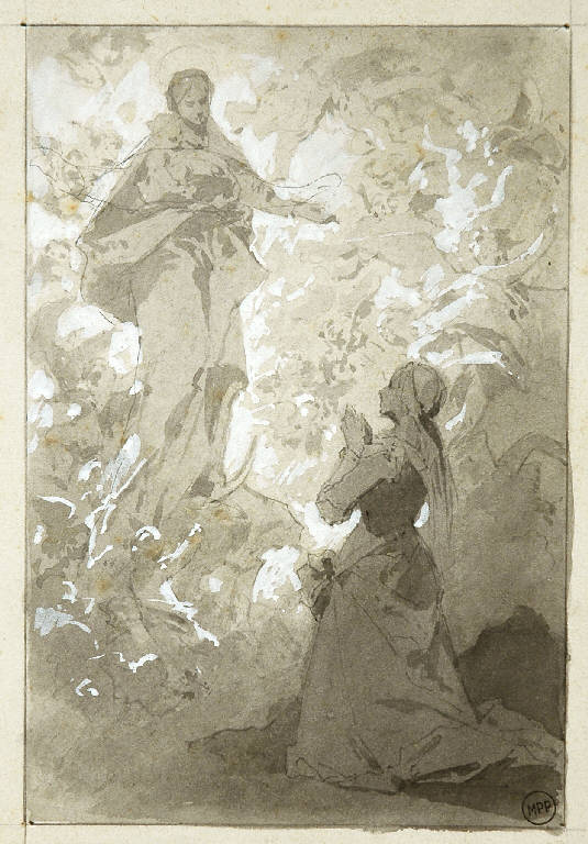 Apparizione della Madonna a Lourdes (disegno) di Morgari Luigi (attr.) (fine/inizio sec. XIX)