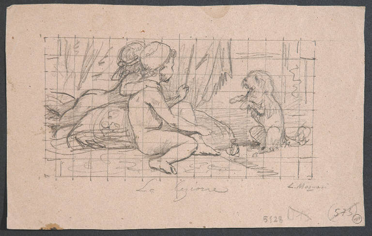La lezione, Scena con due bimbi e un cane (disegno) di Morgari Luigi (fine/inizio sec. XIX)