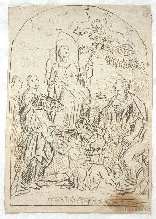 Scena sacra con sante e angeli (disegno) di Morgari Paolo Emilio il Vecchio (attr.) (metà sec. XIX)