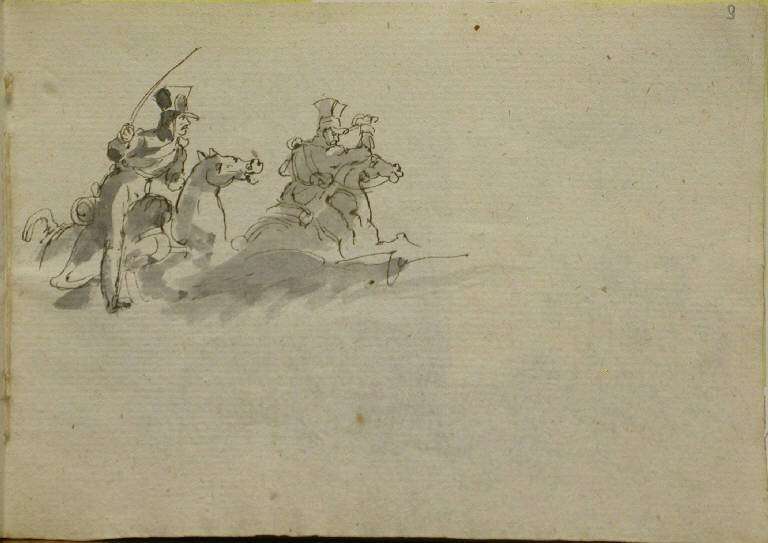 Ufficiali a cavallo, con spada sguainata (disegno) - ambito italiano (sec. XIX)
