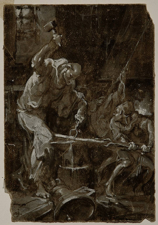 Interno di fucina con figure (disegno) di Magnasco Alessandro (maniera) (metà sec. XVIII)