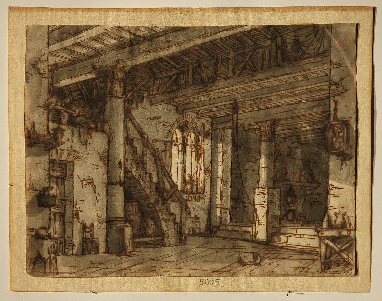 Scena raffigurante un interno rustico, Interno (disegno) di Bison Bernardino (attr.) (fine/inizio secc. XVIII/ XIX)