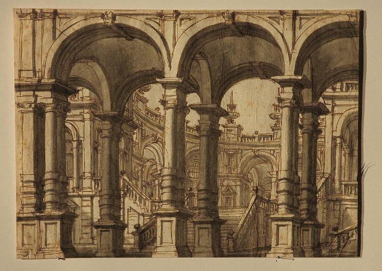 Scena raffigurante l'ingresso ad un palazzo, Architettura illusionistica (disegno) - ambito Italia centro-settentrionale (prima metà sec. XVIII)