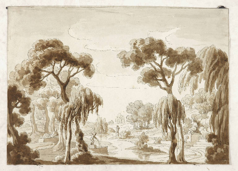 Scena raffigurante giardino con fontane, GIARDINO CON FONTANE (disegno) di Vacca Luigi (attr.) (secondo quarto sec. XIX)