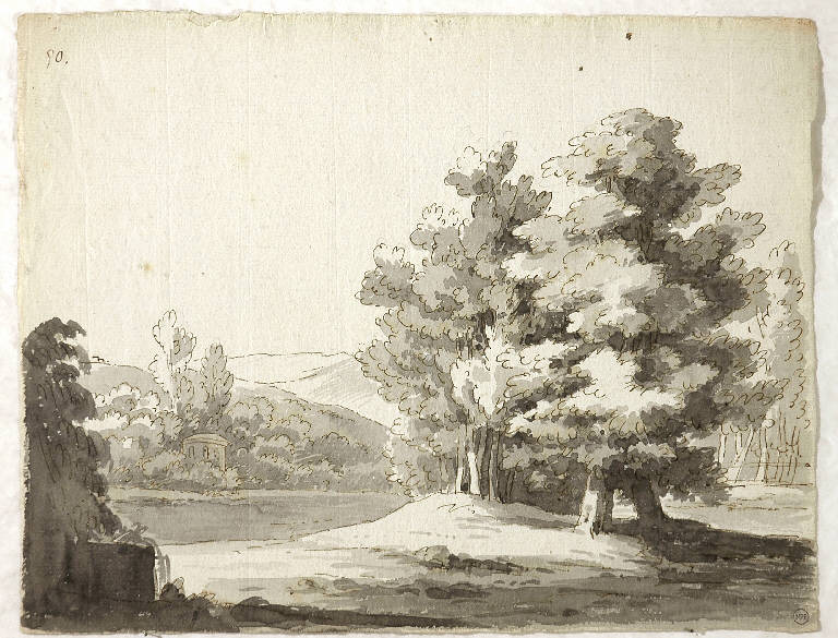 Scena raffigurante un bosco con tempietto, PAESAGGIO FANTASTICO (disegno) di Vacca Luigi (attr.) (secondo quarto sec. XIX)