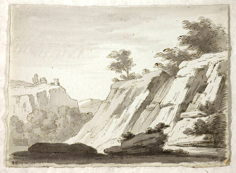 Scena raffigurante un paesaggio montuoso con castello in lontananza, PAESAGGIO FANTASTICO (disegno) di Vacca Luigi (attr.) (secondo quarto sec. XIX)