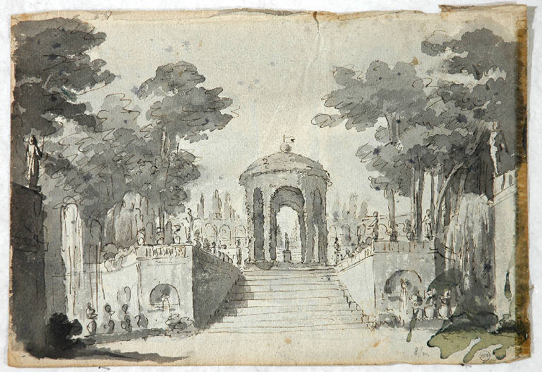 Scena raffigurante un parco con scalinate e fontana, PAESAGGIO CON ARCHITETTURE (disegno) di Vacca Luigi (attr.) (primo quarto sec. XIX)