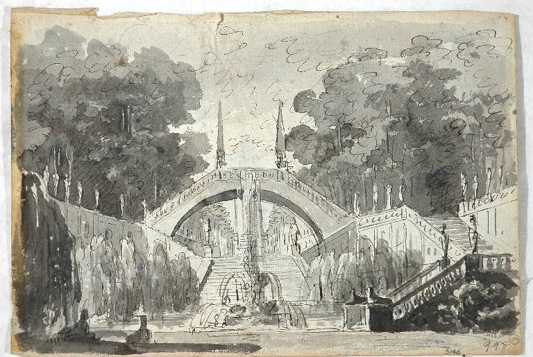 Scena raffigurante un parco con scalinate e piccola costruzione circolare, PAESAGGIO CON ARCHITETTURE (disegno) di Vacca Luigi (attr.) (primo quarto sec. XIX)