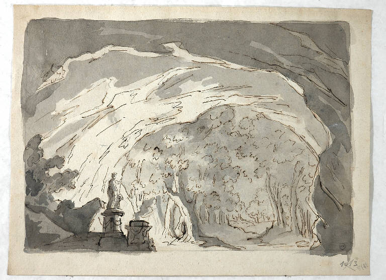 Scena raffigurante una grotta con statue, PAESAGGIO FANTASTICO (disegno) di Vacca Luigi (attr.) (secondo quarto sec. XIX)