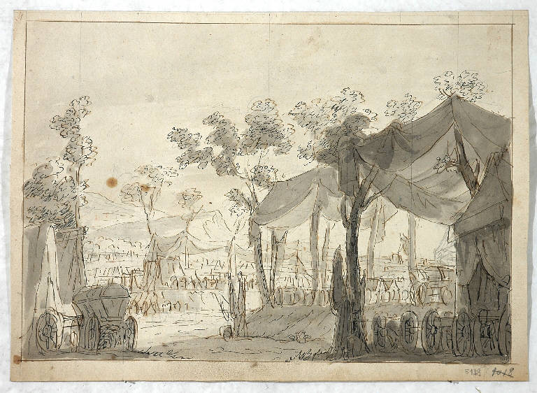 Scena raffigurante un campo militare, PAESAGGIO FANTASTICO (disegno) di Vacca Luigi (attr.) (secondo quarto sec. XIX)