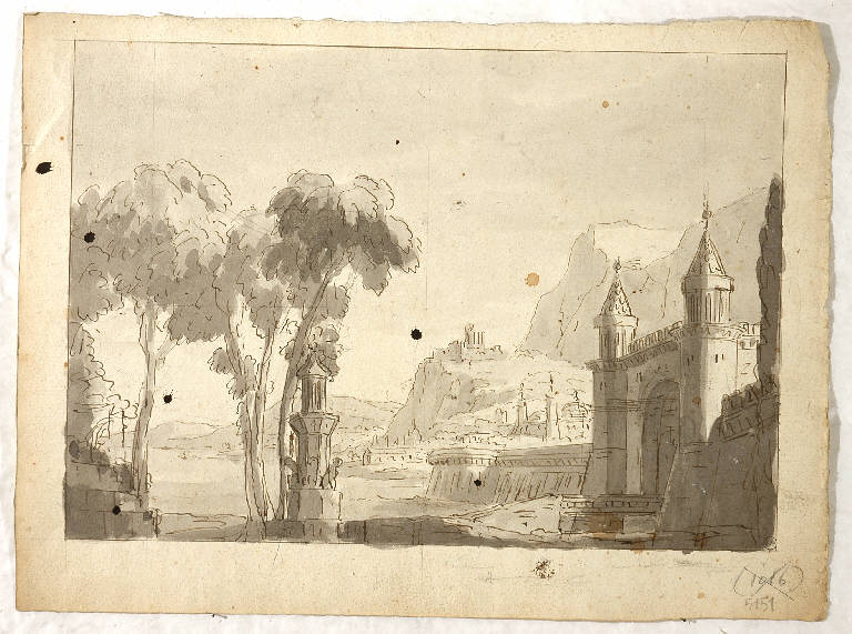 Scena raffigurante un castello, PAESAGGIO FANTASTICO (disegno) di Vacca Luigi (attr.) (secondo quarto sec. XIX)