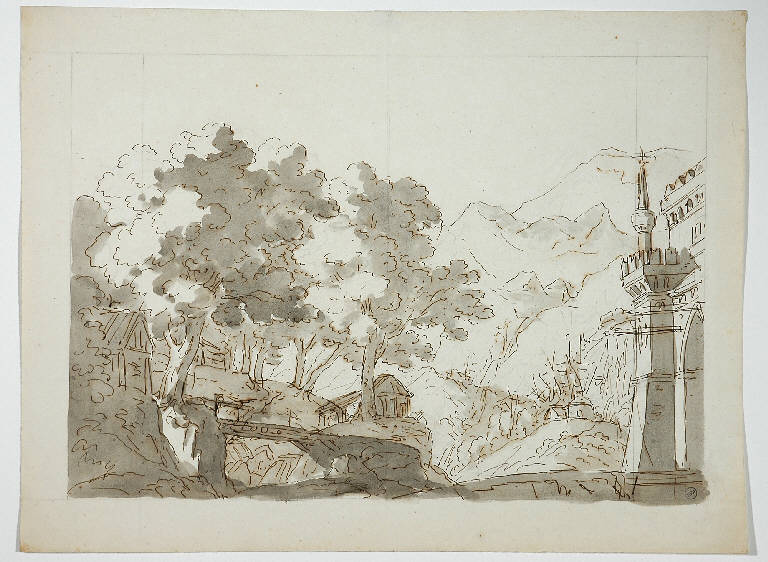 Scena raffigurante un castello merlato tra le montagne, PAESAGGIO FANTASTICO (disegno) di Vacca Luigi (attr.) (secondo quarto sec. XIX)