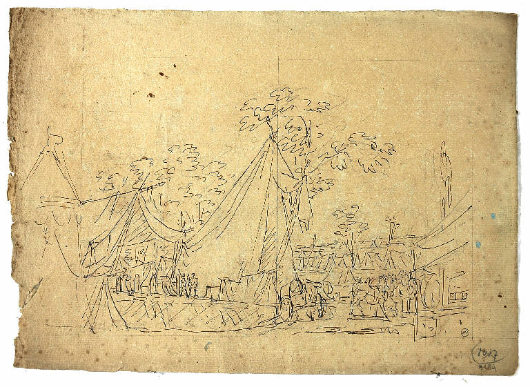 Scena raffigurante un campo militare, ACCAMPAMENTO MILITARE (disegno) di Vacca Luigi (attr.) (secondo quarto sec. XIX)