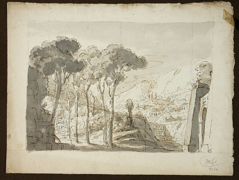 Scena raffigurante un acquedotto, PAESAGGIO CON ARCHITETTURE (disegno) di Vacca Luigi (attr.) (secondo quarto sec. XIX)