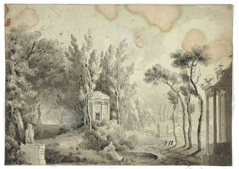 Schizzo per scena raffigurante un parco con tempietti, scalinate e fontane, PAESAGGIO (disegno) di Vacca Luigi (attr.) (primo quarto sec. XIX)