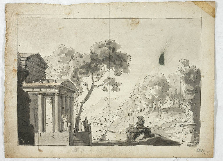 Schizzo per scena raffigurante un tempio di ispirazione classica, PAESAGGIO CON ARCHITETTURE (disegno) di Vacca Luigi (attr.) (secondo quarto sec. XIX)