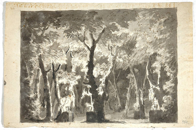Scena raffigurante un bosco di querce con animali sacrificati sopra piccoli altari, PAESAGGIO CON ALBERI (disegno) di Vacca Luigi (attr.) (sec. XIX)