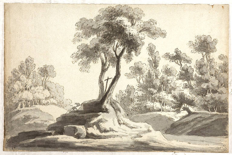 Scena raffigurante un bosco con tomba, PAESAGGIO CON ALBERI (disegno) di Vacca Luigi (attr.) (secondo quarto sec. XIX)