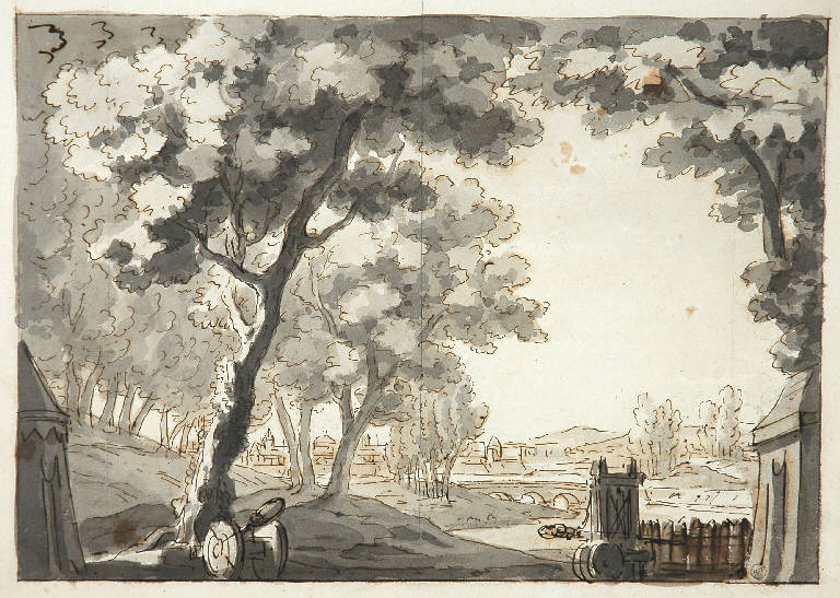 Scena raffigurante una tenda con catapulta e città in lontananza, PAESAGGIO (disegno) di Vacca Luigi (attr.) (secondo quarto sec. XIX)