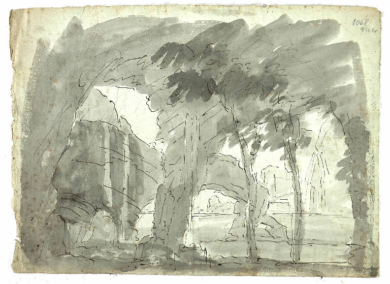 Scena con arco naturale, PAESAGGIO (disegno) di Vacca Luigi (attr.) (secondo quarto sec. XIX)
