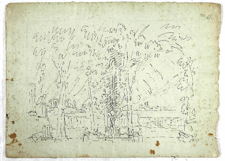Schizzo per scena raffigurante un esterno architettonico con piante, PAESAGGIO CON ARCHITETTURE (disegno) di Vacca Luigi (attr.) (sec. XIX)