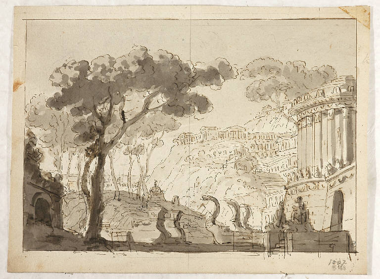 Scena raffigurante un antico tempio e veduta di città sullo sfondo, PAESAGGIO CON ARCHITETTURE (disegno) di Vacca Luigi (attr.) (sec. XIX)