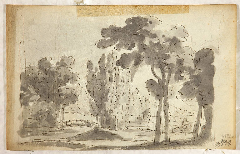 Scena raffigurante un bosco con un ponticello, PAESAGGIO (disegno) di Vacca Luigi (sec. XIX)