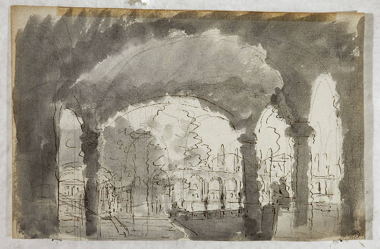 Scena raffigurante un portico da cui si vede un sontuoso edificio, VEDUTA PROSPETTICA (disegno) di Vacca Luigi (sec. XIX)