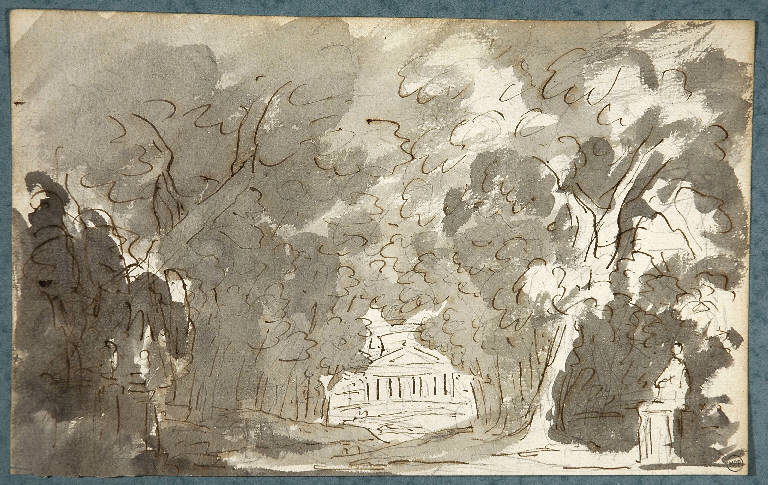 Scena raffigurante un viale alberato con tempio nello sfondo, PAESAGGIO (disegno) di Vacca Luigi (sec. XIX)