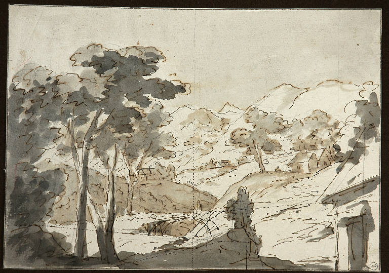 Scena raffigurante un paesaggio montano con case, PAESAGGIO MONTANO (disegno) di Vacca Luigi (sec. XIX)