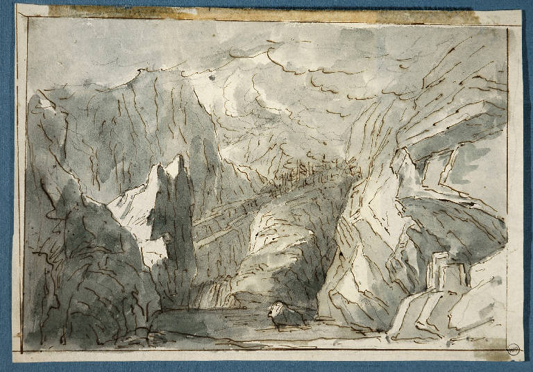 Scena raffigurante un paesaggio montano con lago per Guglielmo Tell, PAESAGGIO MONTANO (disegno) di Vacca Luigi (secondo quarto sec. XIX)