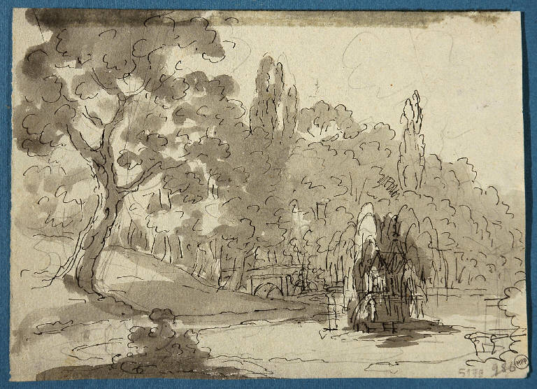 Scena raffigurante un bosco, PAESAGGIO CON ALBERI (disegno) di Vacca Luigi (sec. XIX)