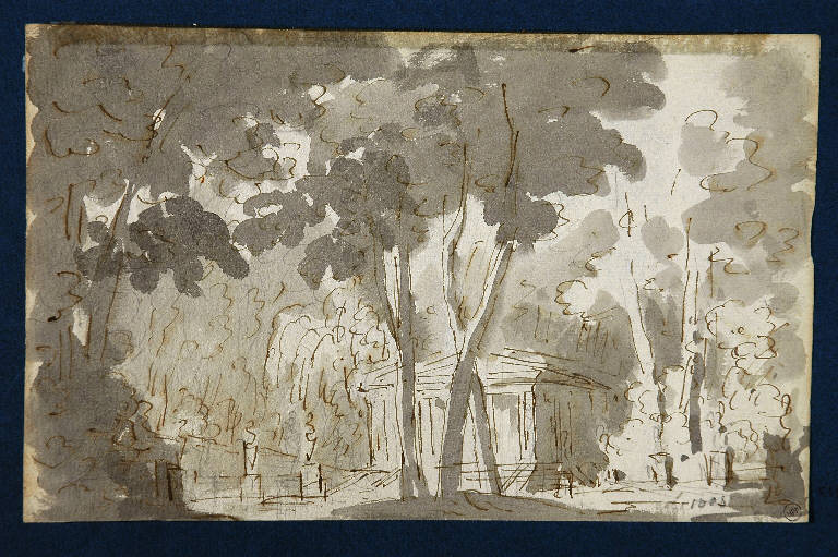 Scena raffigurante un bosco con tempio, PAESAGGIO CON ALBERI (disegno) di Vacca Luigi (sec. XIX)