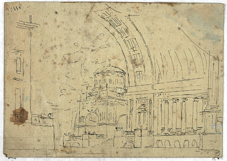 Scena raffigurante un esterno architettonico, PAESAGGIO CON ARCHITETTURE (disegno) di Vacca Luigi (secondo quarto sec. XIX)