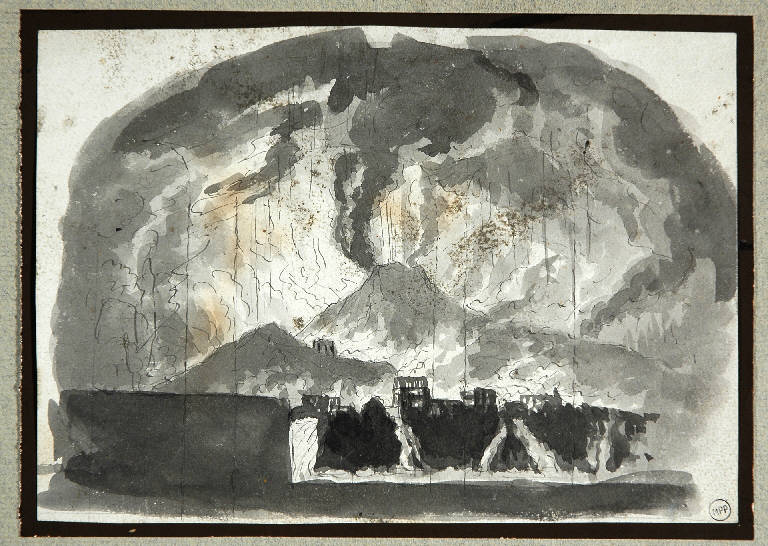 Scena per "L'ultimo giorno di Pompei" raffigurante l'eruzione del Vesuvio, ERUZIONE DEL VESUVIO (disegno) di Vacca Luigi (metà sec. XIX)
